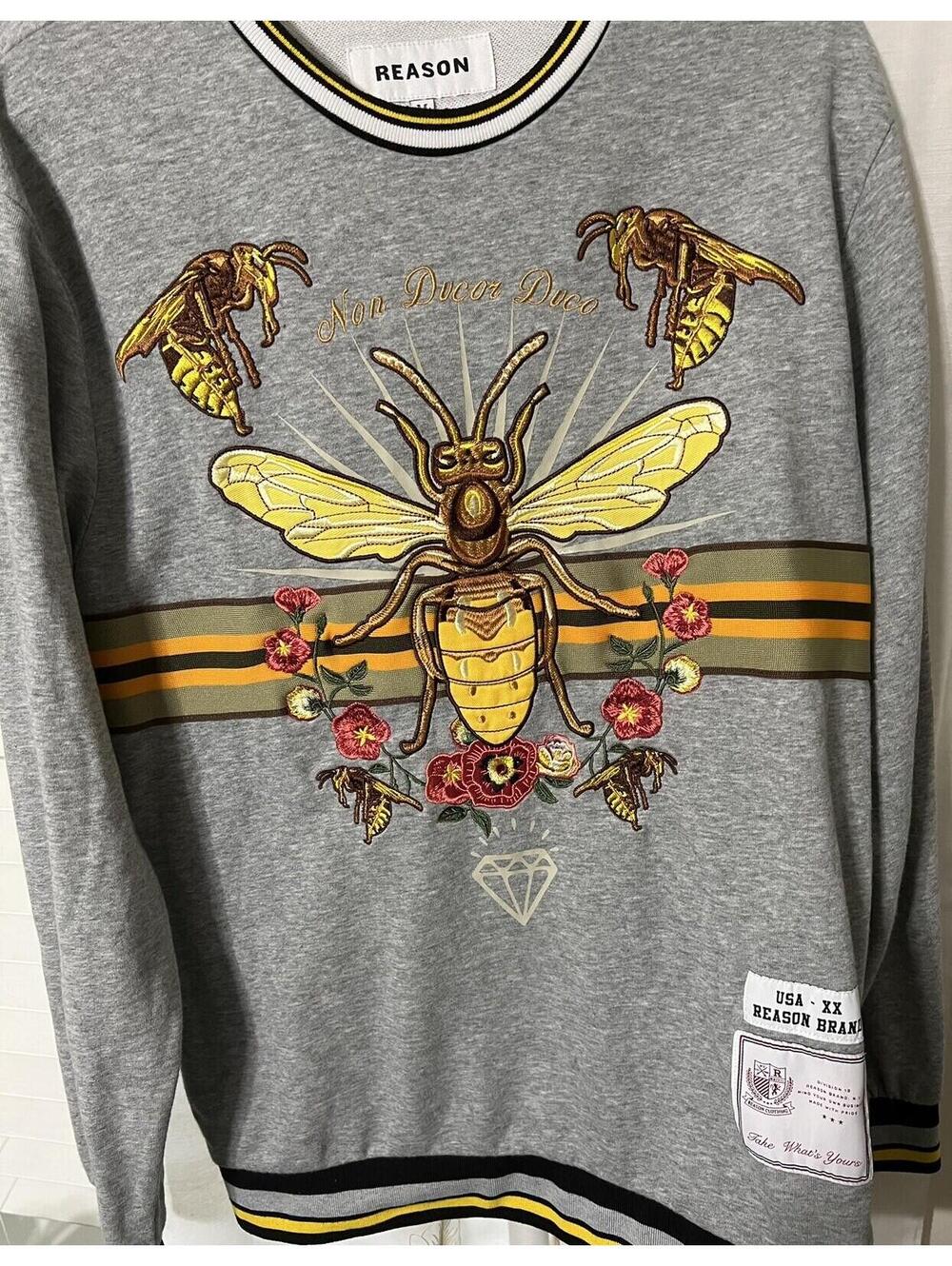 Reason Gray Sweatshirt With Floral & Bee Patches & Embroidery Size M